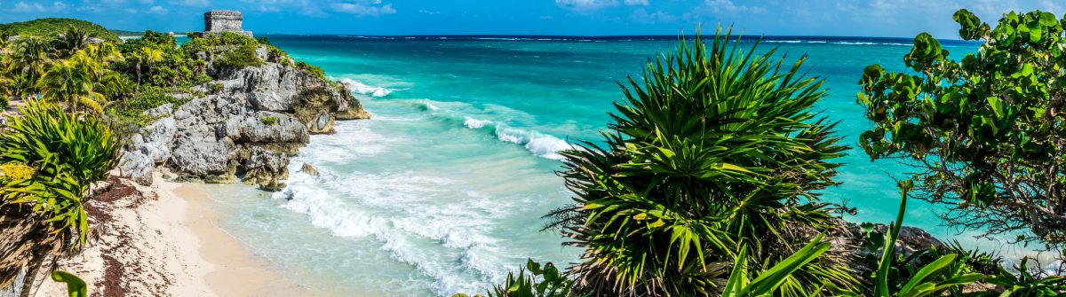 Huge Panorama of Tulum caribbean paradise and Mayan Ruins. Trave