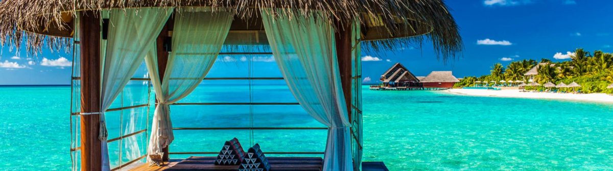 Close up van een waterbungalow op de Malediven