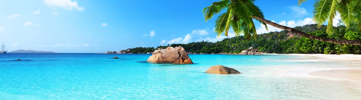 Zee, strand en palmbomen op de Seychellen